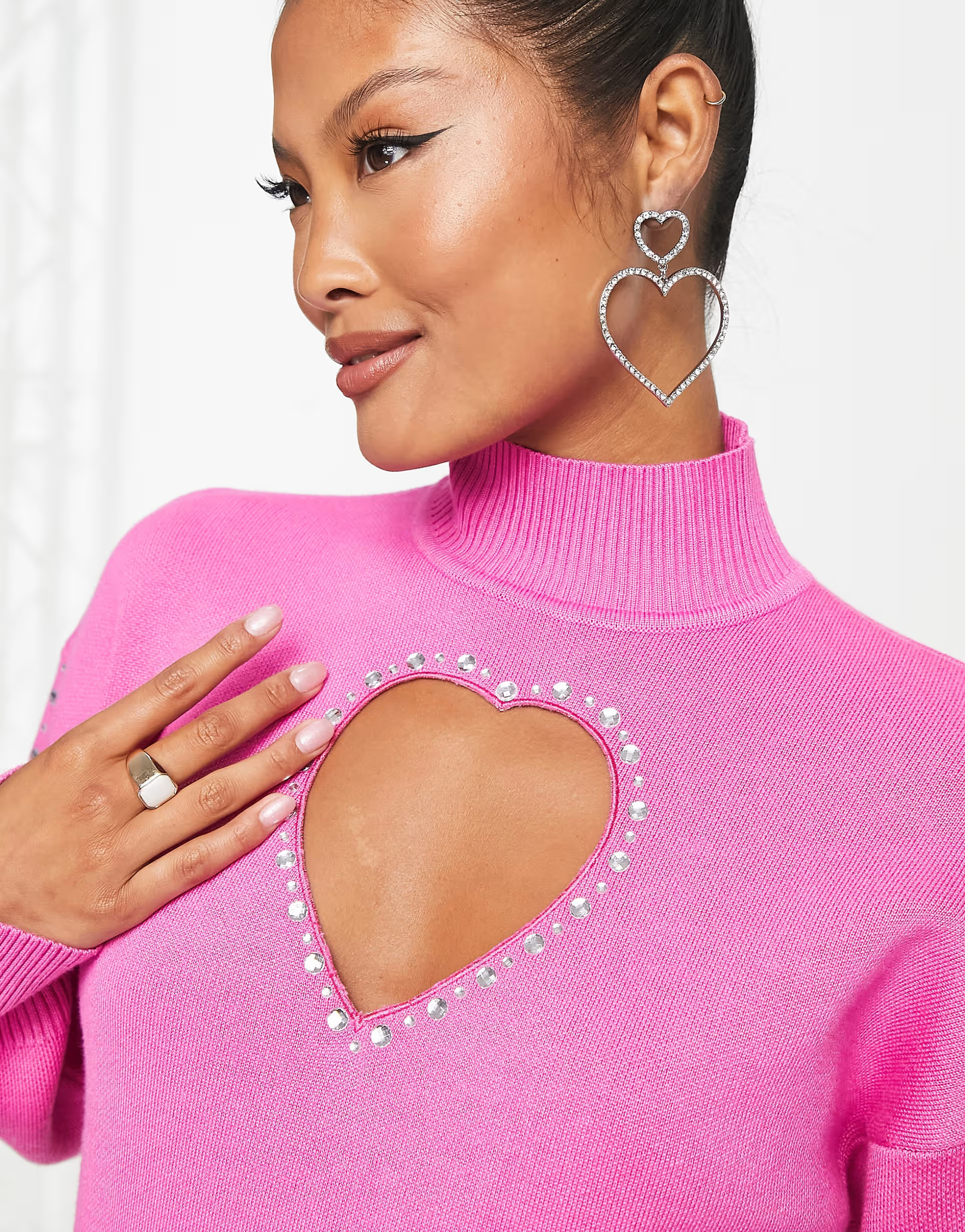 Miss Selfridge Petite diamante heart cut out sweater dress in pink | ASOS (Global)