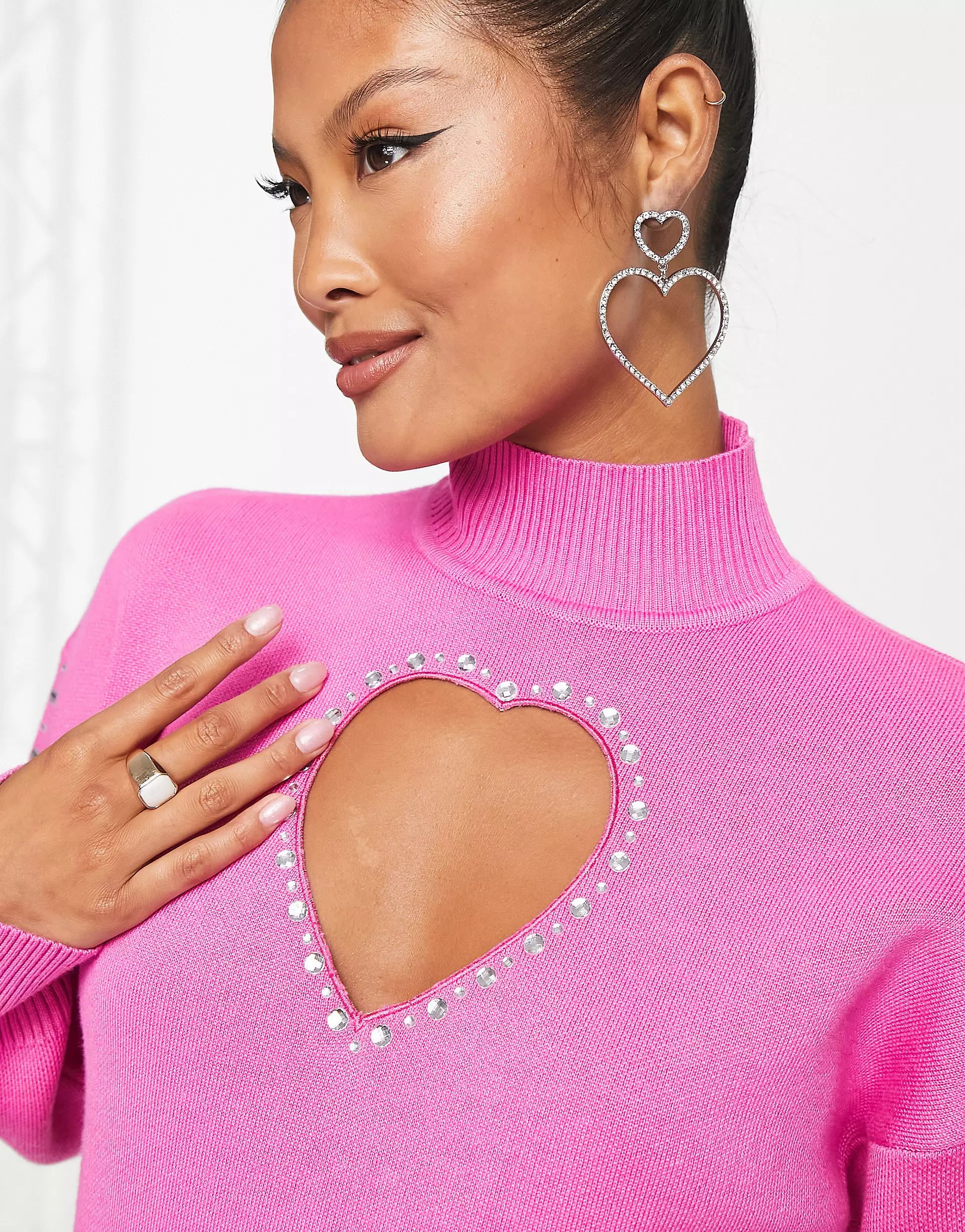 Miss Selfridge Petite diamante heart cut out sweater dress in pink | ASOS (Global)