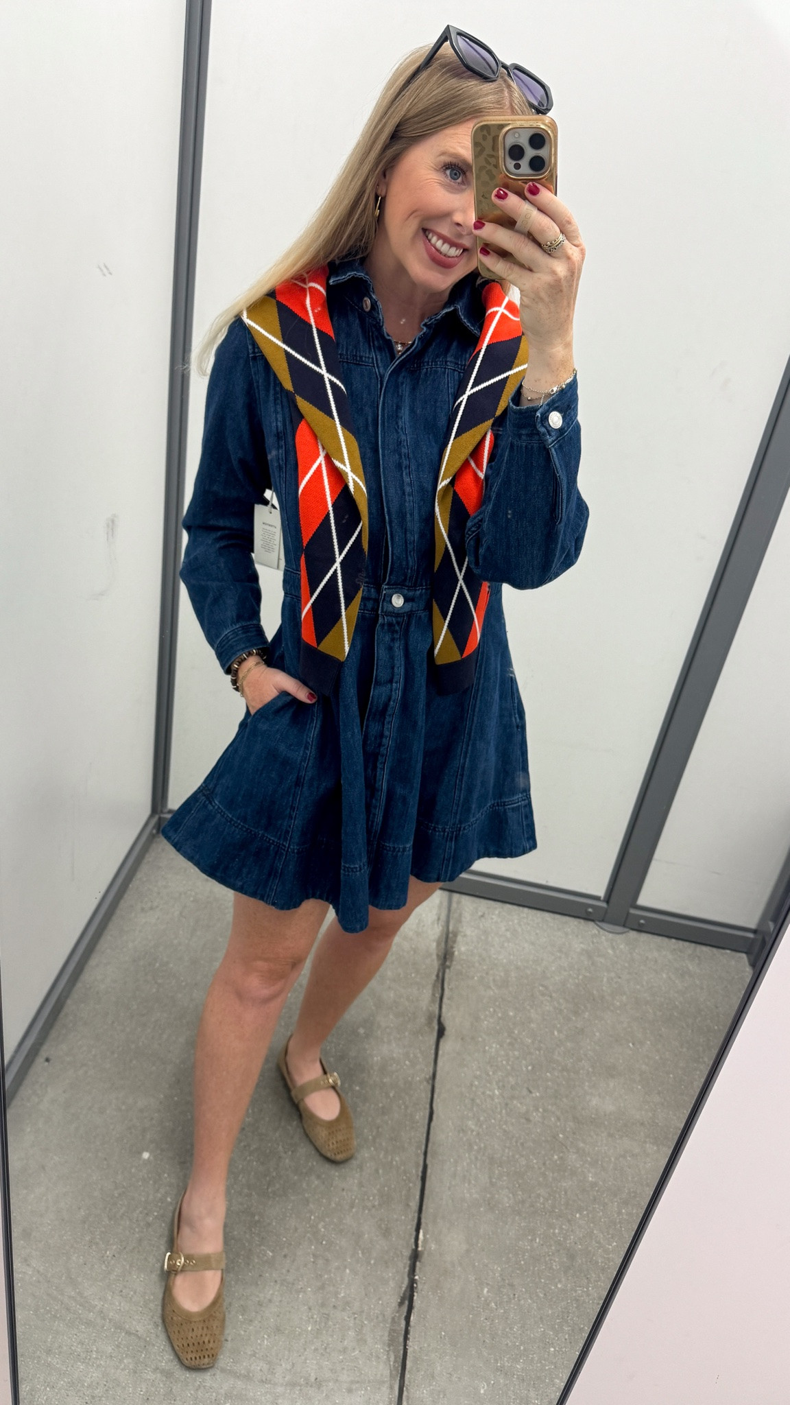 Walmart outfit, denim dress, free assembly, argyle cardigan

#LTKootd