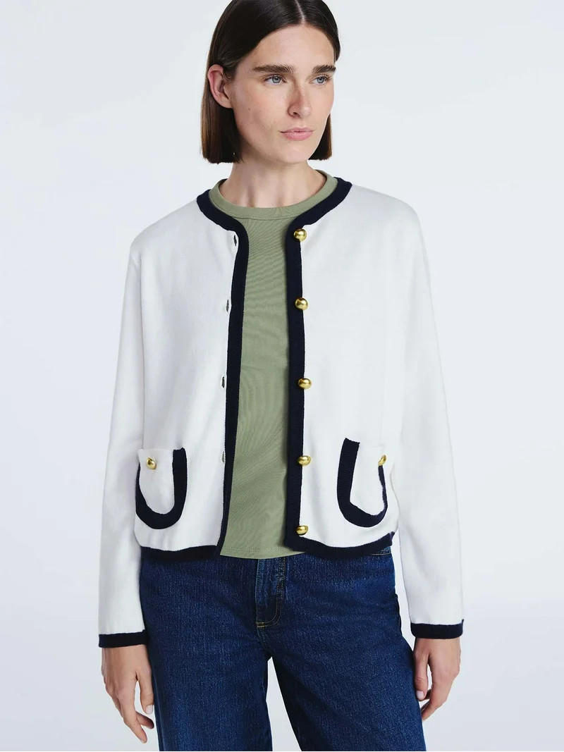 Free Assembly Women's Tipped Patch Pocket Cardigan Sweater, Lightweight, Sizes XS-XXL | Walmart (US)