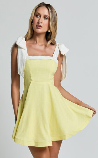 Kirsten Mini Dress - Shoulder Tie Fit and Flare Dress in Lemon | Showpo (US, UK & Europe)