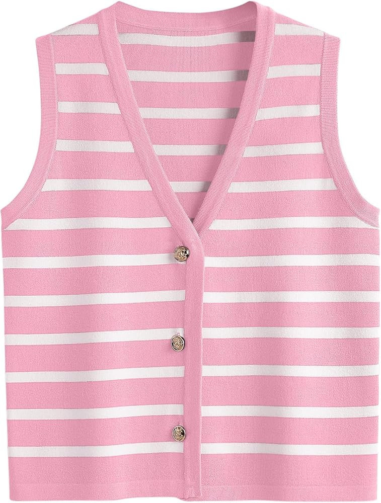 LILLUSORY Summer Vest Tops for Women 2025 Striped Sweater Vests Vacation Button Up Outfits Spring... | Amazon (US)