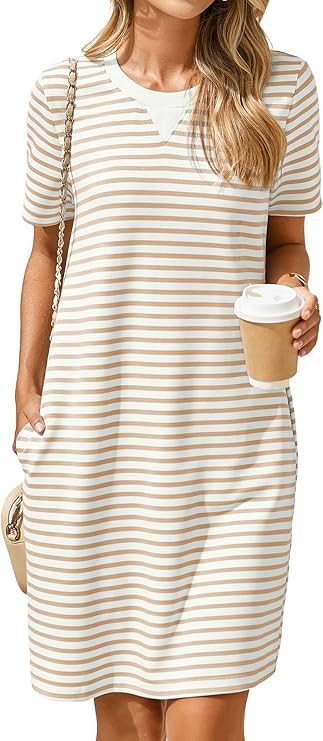Glamaker Women Summer Tshirt Shift Dress Casual Striped Short Sleeve Crew Neck Knee Length Comfy ... | Amazon (US)