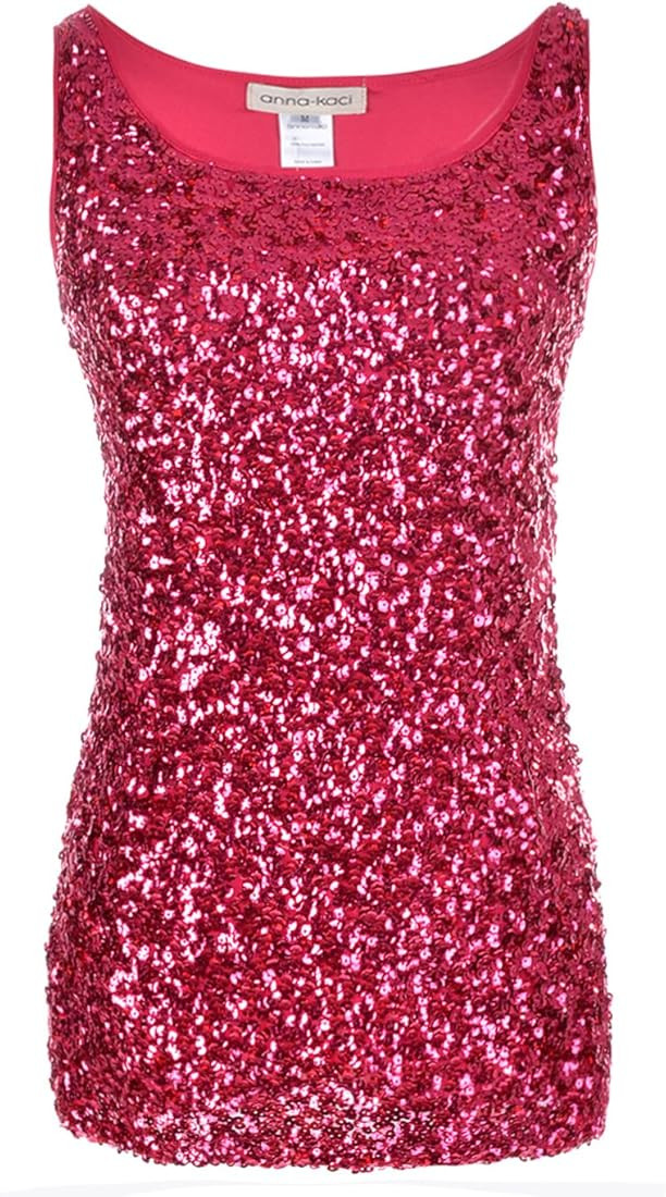 Anna-Kaci Womens Sparkle & Shine Glitter Sequin Embellished Sleeveless Round Neck Tank Top | Amazon (US)