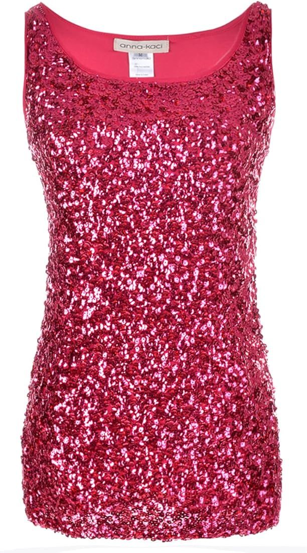 Anna-Kaci Womens Sparkle & Shine Glitter Sequin Embellished Sleeveless Round Neck Tank Top | Amazon (US)
