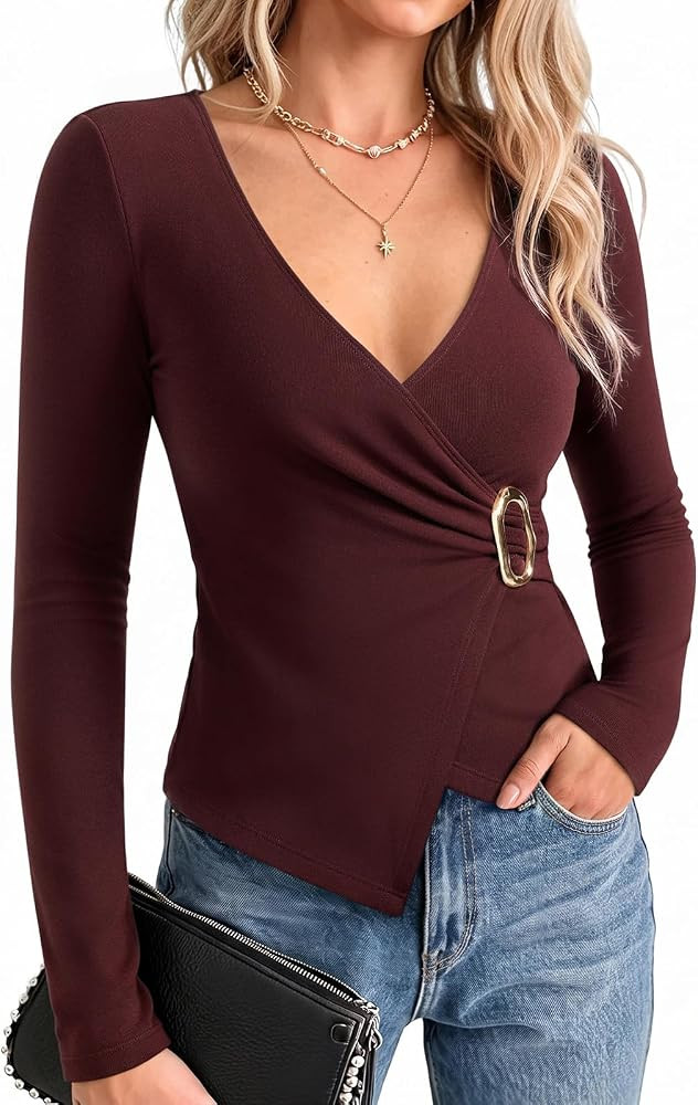 PINKMSTYLE Womens Long Sleeve Wrap V Neck Tops Dressy Casual Blouses Shirts | Amazon (US)