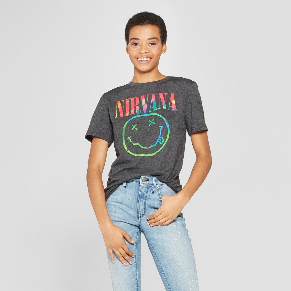 Women's Nirvana Neon Smile Short Sleeve Boyfriend Graphic T-Shirt - (Juniors') - Black M | Target