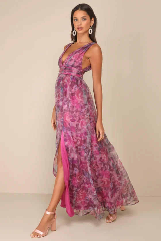 Garden Romance Magenta Floral Print Organza Maxi Dress | Lulus