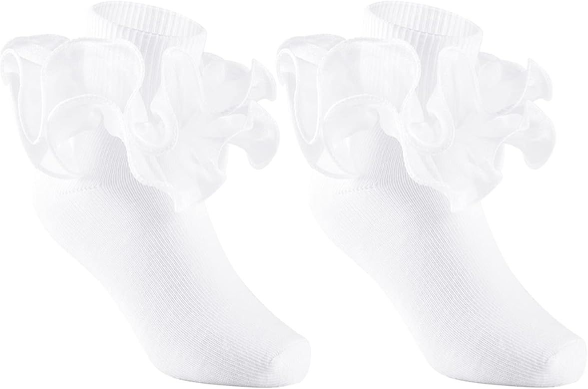 3 Pairs Girls Ruffle Socks Big Double Lace Frilly Trim Dress Socks | Amazon (US)