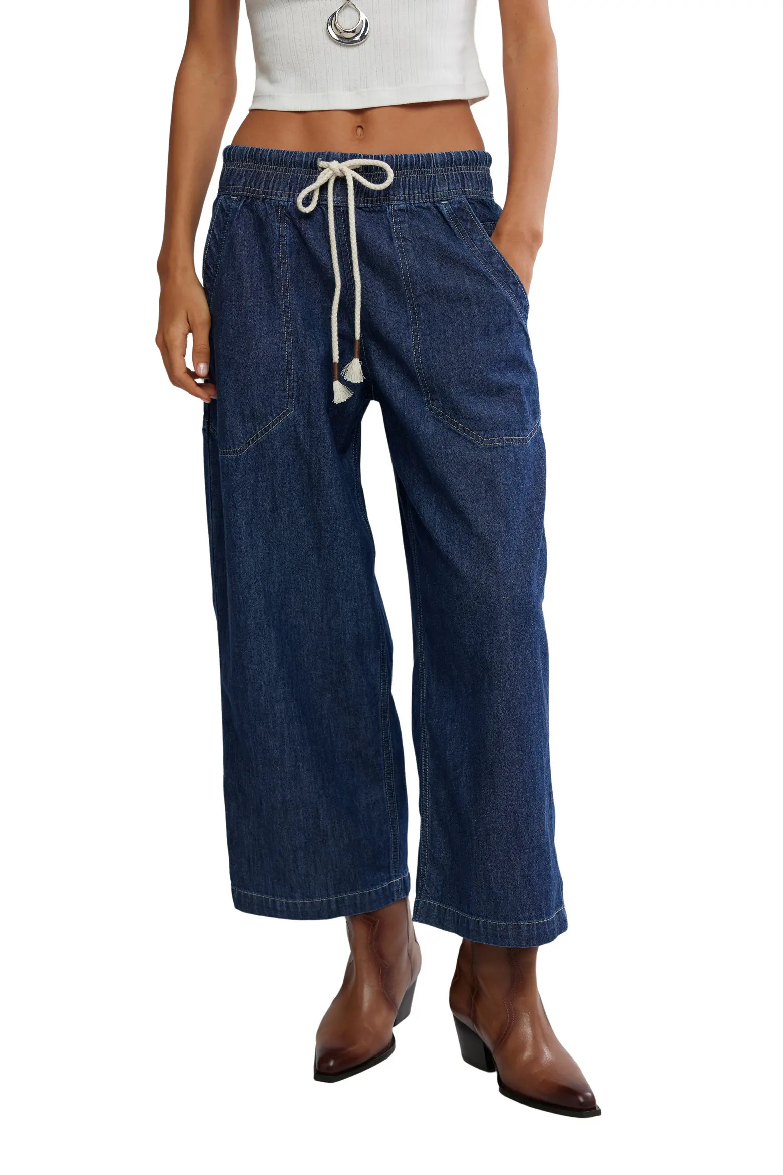 Free People Easy Peasy Wide Leg Mid Rise Denim Drawstring Pants (Women) | Nordstrom | Nordstrom