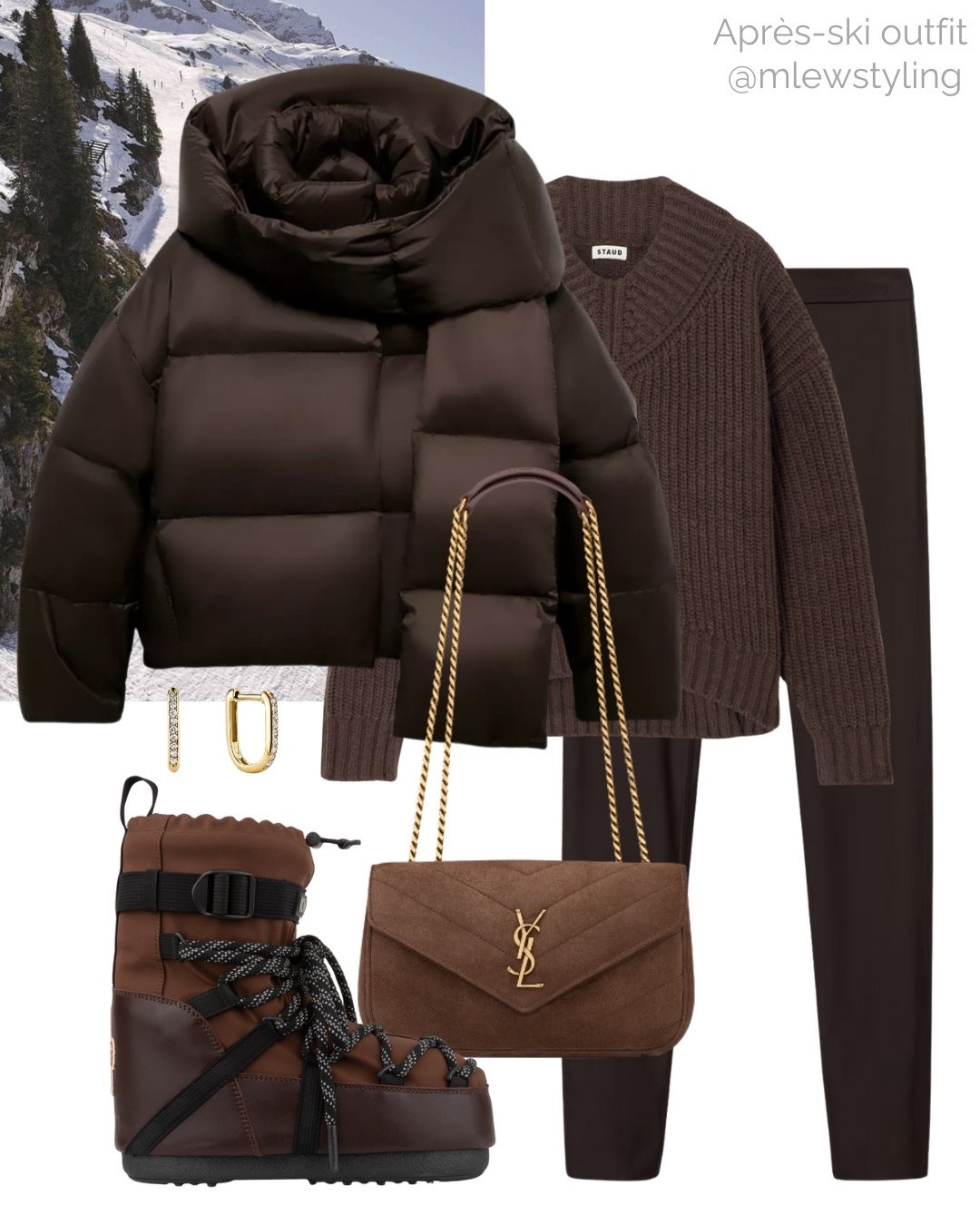 Après-ski outfit with espresso brown ☕️🐻

Tags: new in Zara puffer jacket, chocolate brown v-neck sweater, brown leggings, ysl Loulou small, suede bag, Montcler x Moonboot snow boots, neutral aesthetic, winter outfit 

#LTKSeasonal #LTKItBag #LTKShoeCrush