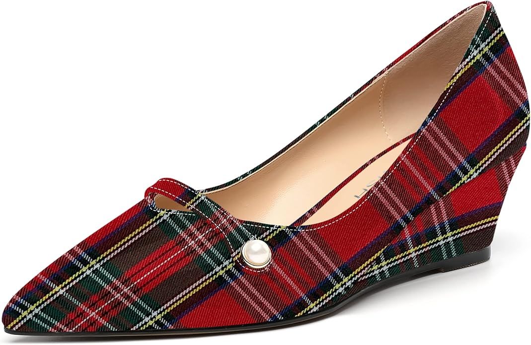 ROSERWISH Womens Patent Pointed Toe Wedding Slip On Fashion Work Wedge Low Heel Pumps Shoes 2 Inc... | Amazon (US)