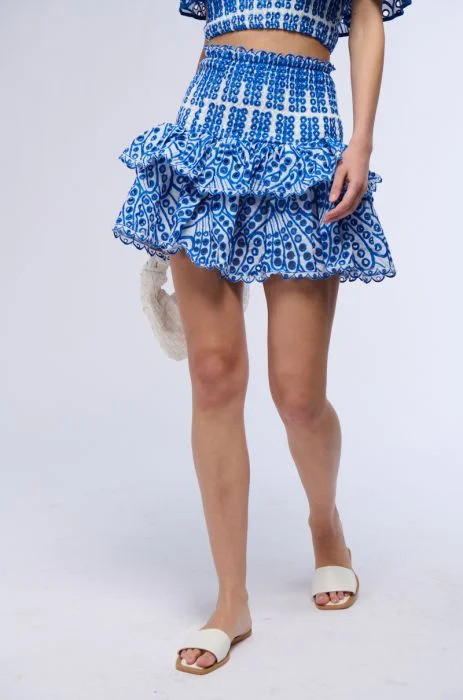 SUMMER LOVING TIERED RUFFLE MINI SKIRT IN BLUE MULTI | AKIRA