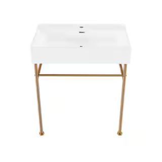 Claire 30 in. Ceramic Console Sink Basin in White with Brushed Gold Legs | The Home Depot