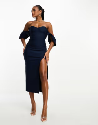 Vesper sweetheart ruffle sleeve bodycon thigh slit midi dress in navy | ASOS (Global)