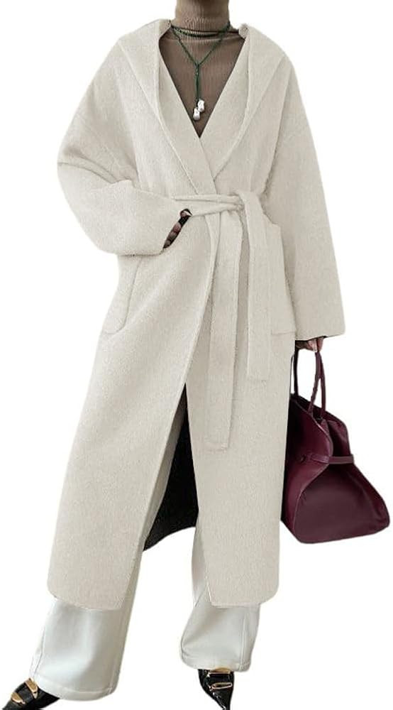 chouyatou Women's Winter Open Front Belted Wool Coat Casual Loose Hooded Midi Long Winter Pea Coa... | Amazon (US)
