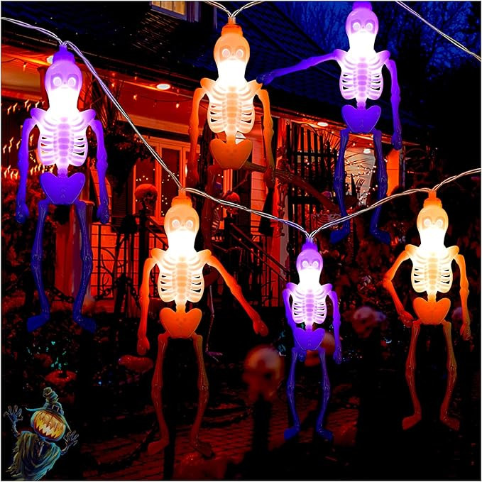 Halloween Lights with 20Pcs Skeleton, Battery Operated Halloween String Lights 20 LED 10ft Orange... | Amazon (US)