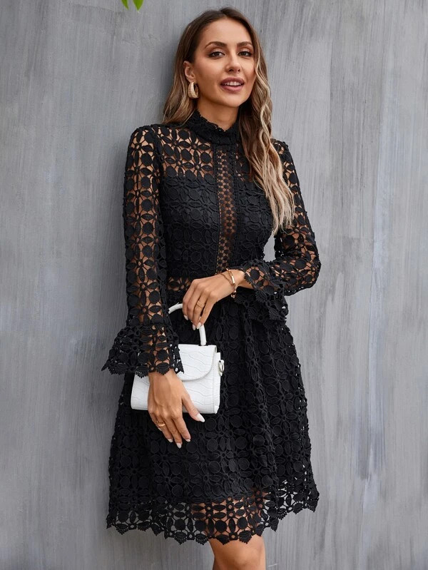 Eilly Bazar Mock Neck Lace Flounce Sleeve Mesh Insert Dress | SHEIN