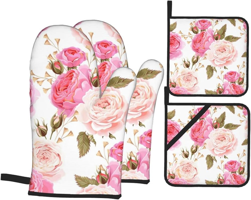 Floral Flower Rose Pink Print Oven Mitts and Pot Holders Sets,Kitchen Oven Glove High Heat Resist... | Amazon (US)