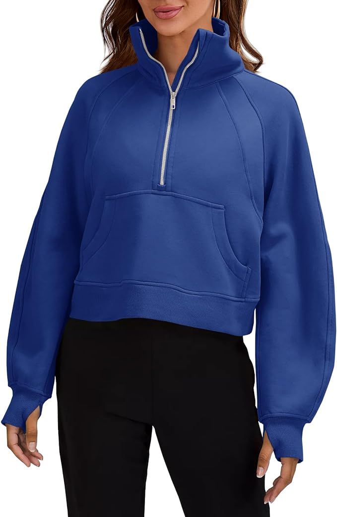 Womens Sweatshirts Half Zipper Crop Pullover Funnel Neck Fleece Lined Zip Up Long Sleeve Tops Thu... | Amazon (US)