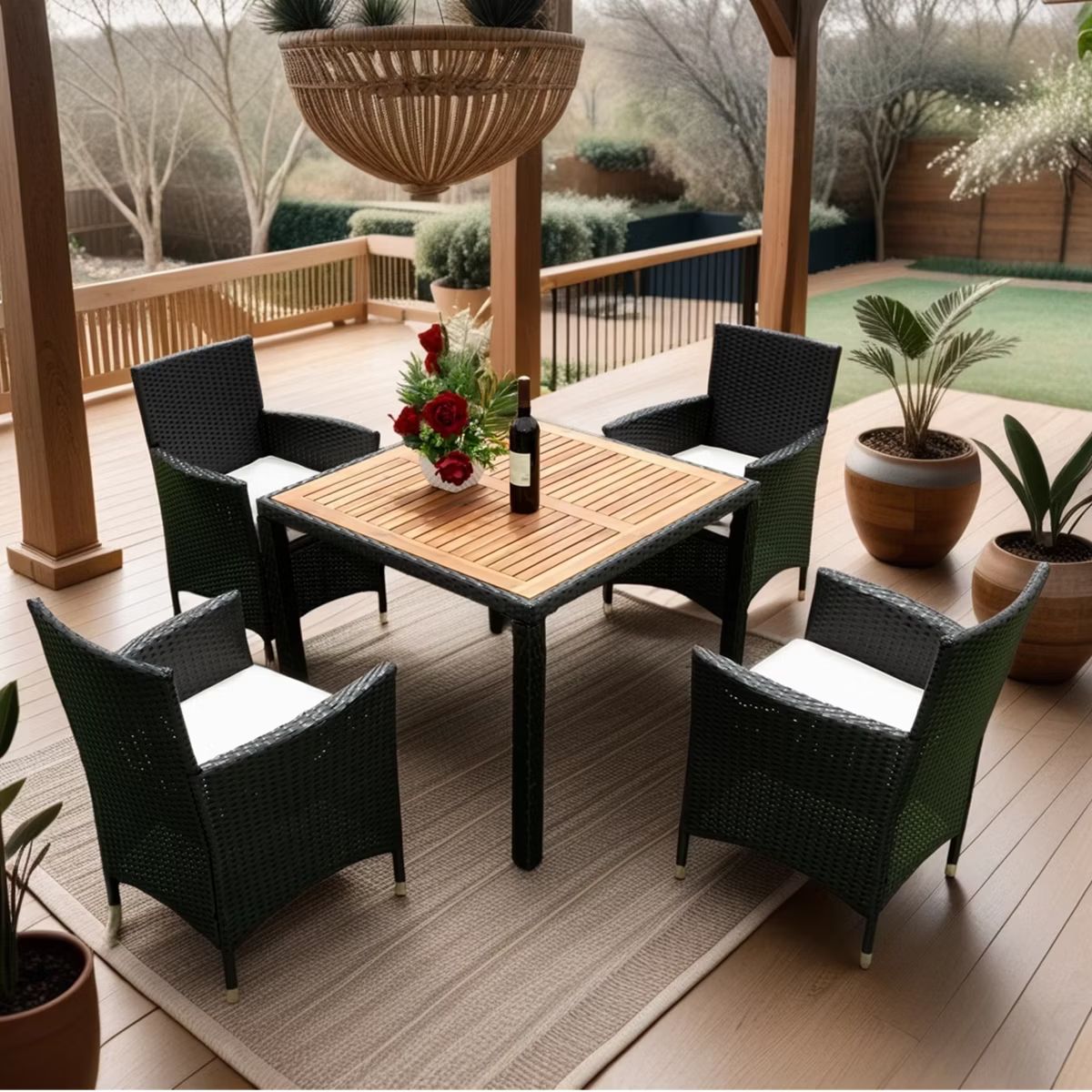 5-Piece Patio Wicker Dining Set, Outdoor Furniture with Acacia Wood Top Table, Black+Creme 4M - M... | Target