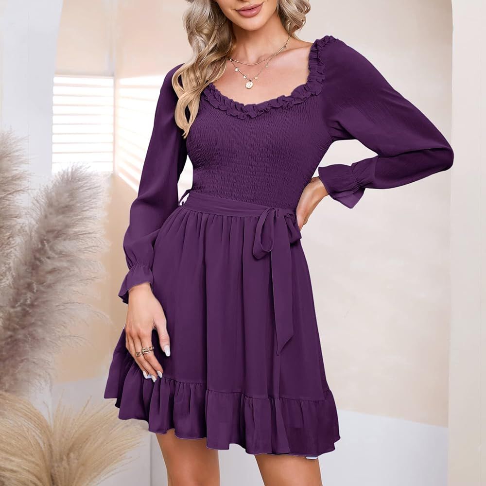 EXLURA Women Ruffle Long Sleeve Casual A-Line Short Dress Sweetheart Neck Smocked Mini Dress | Amazon (US)