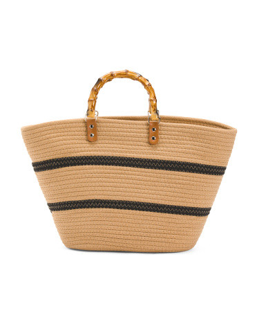 Faux Bamboo Handle Stripe Tote | TJ Maxx