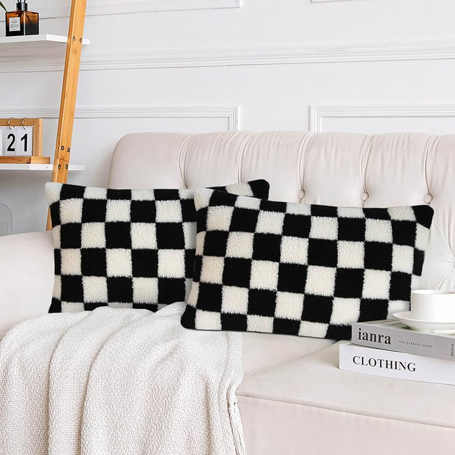 AmHoo Pack of 2 Decorative Throw Pillow Covers Checkerboard Luxury Super Soft Faux Fur Wool Set C... | Amazon (US)