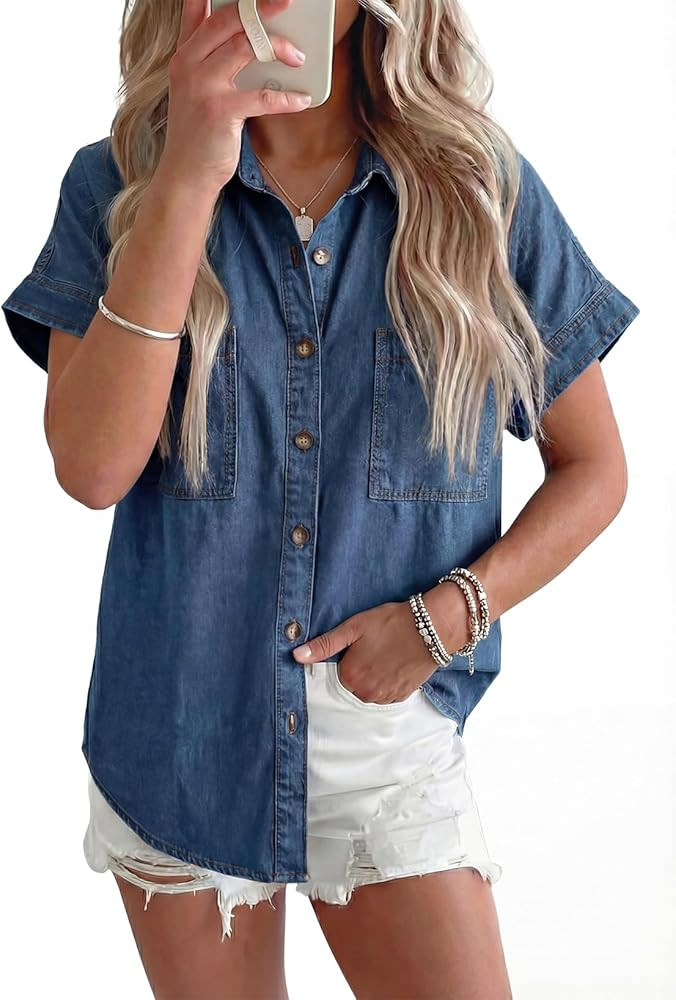 Sidefeel Women's Button Down Denim Shirt Collared Short Sleeve Jean Shirt Blouse with Pockets | Amazon (US)