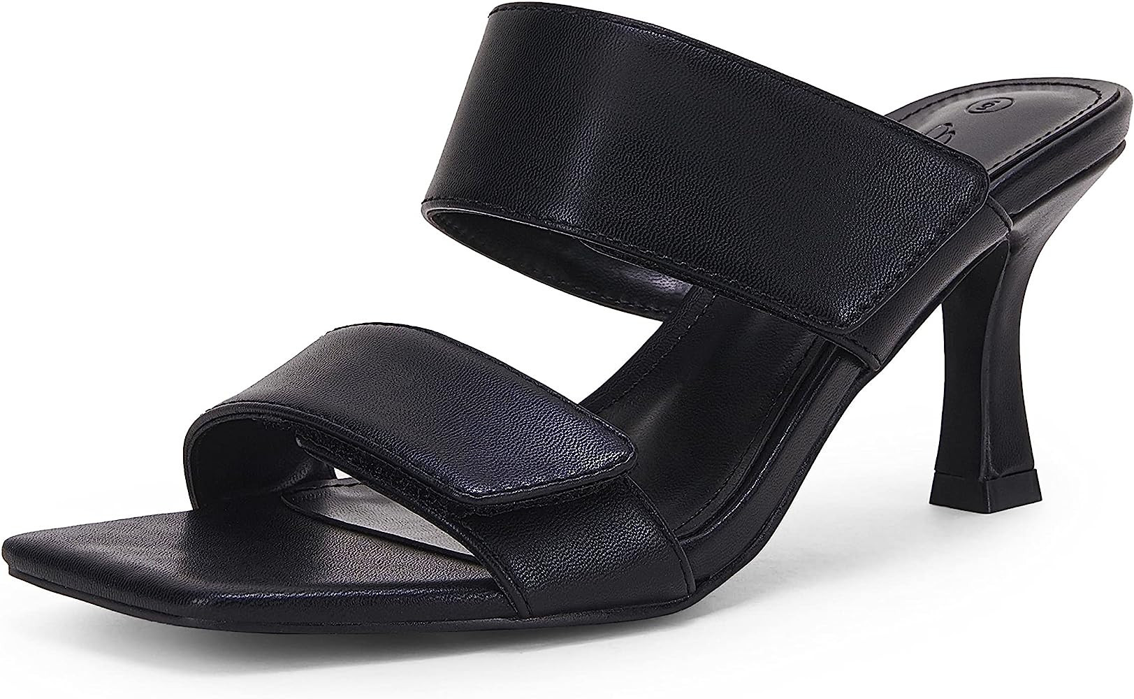 Ermonn Womens Two Strap Heeled Sandals Velcro Slip On Square Open Toe Stiletto Faux Leather Backl... | Amazon (US)