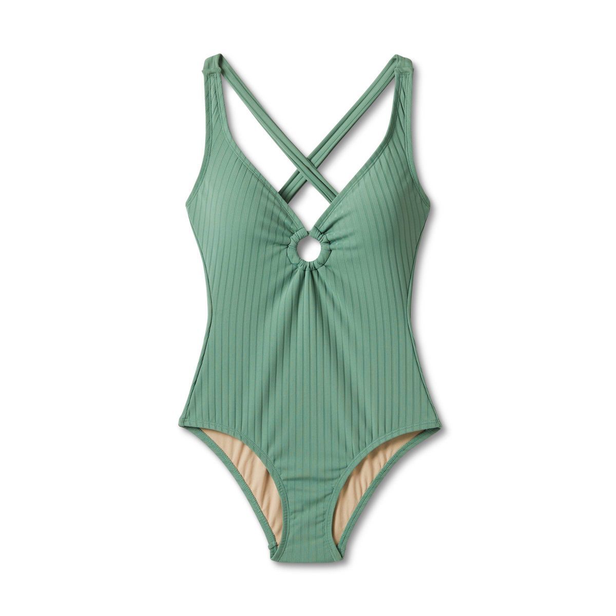 Women's Wide Ribbed Center Ring Medium Coverage One Piece Swimsuit - Kona Sol™ Moss Green S | Target