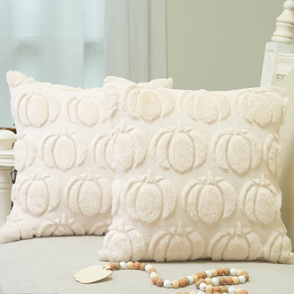 GEEORY Fall Pumpkins Soft Plush Pillow Covers, 18 x 18 Inch Set of 2, Fluffy Faux Fur Wool Decora... | Amazon (US)