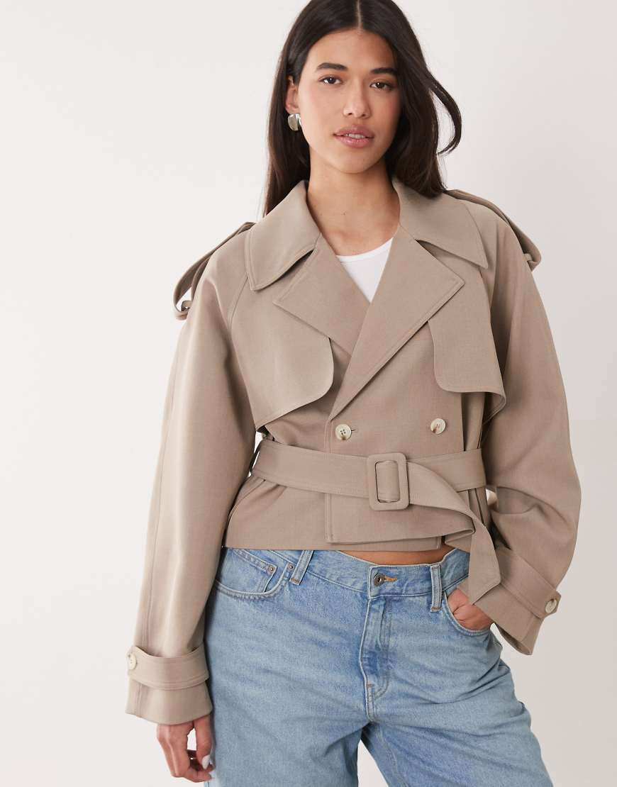 Gina Tricot cropped belted trench coat in sand beige-Neutral | ASOS (Global)