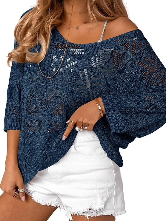 Saodimallsu Womens Crochet Cover Up Top Summer 3/4 Sleeve Off Shoulder Sweater Shirts Mesh Boho B... | Amazon (US)