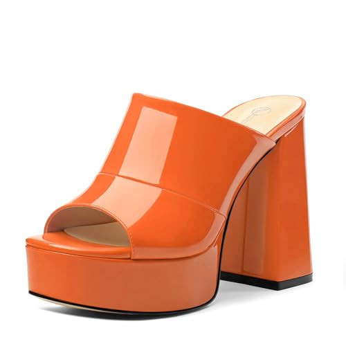 CDXJHYMY Womens Platform Chunky Heels Sandals Square Open Toe High Heeled Sandals Slip On Slides Dress Party Wedding Shoes Orange Patent Size 10.5 | Amazon (US)