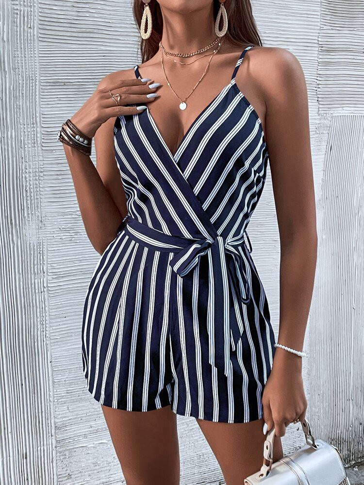 Striped Belted Cami Romper | SHEIN