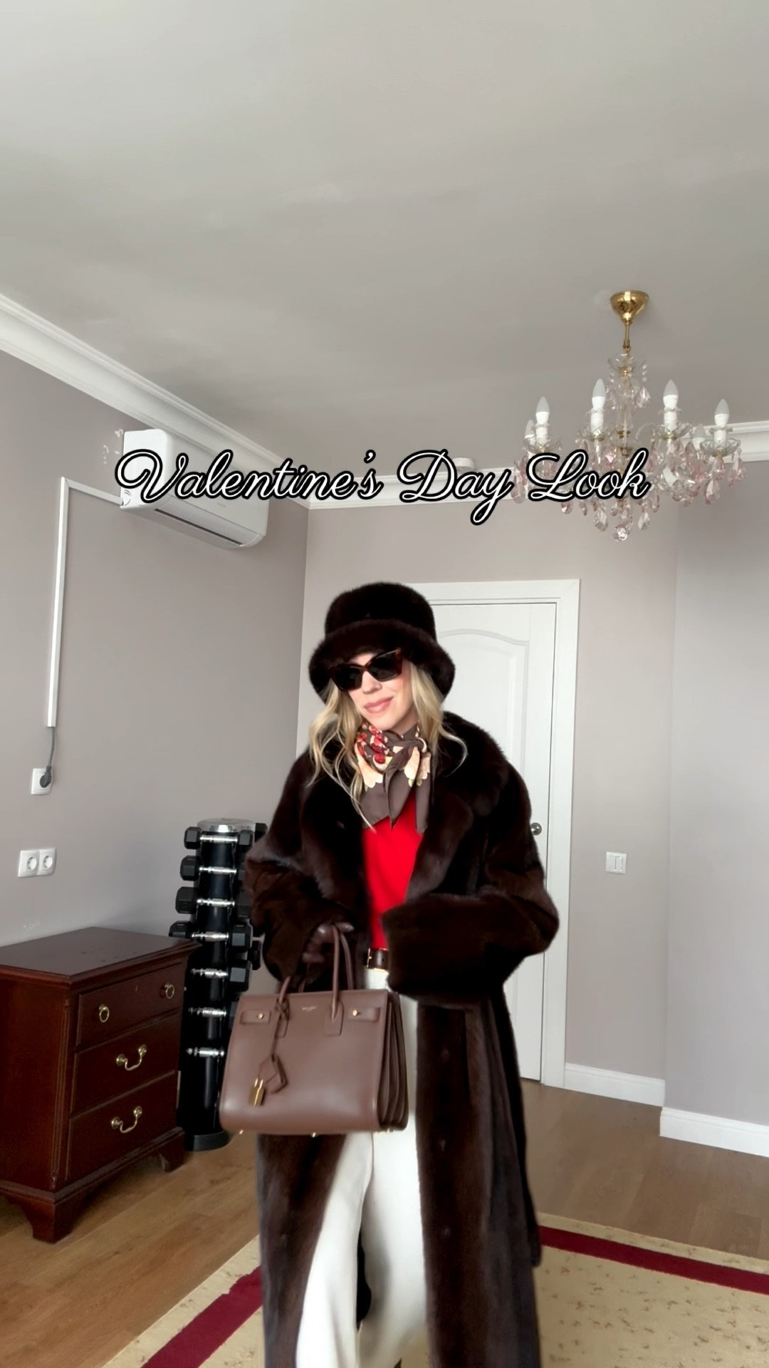Valentine’s Day look, fur bucket hat, chocolate brown fur coat, red sweater with white jeans, silk scarf outfit 

#LTKgrwm #LTKValentine #LTKOver40