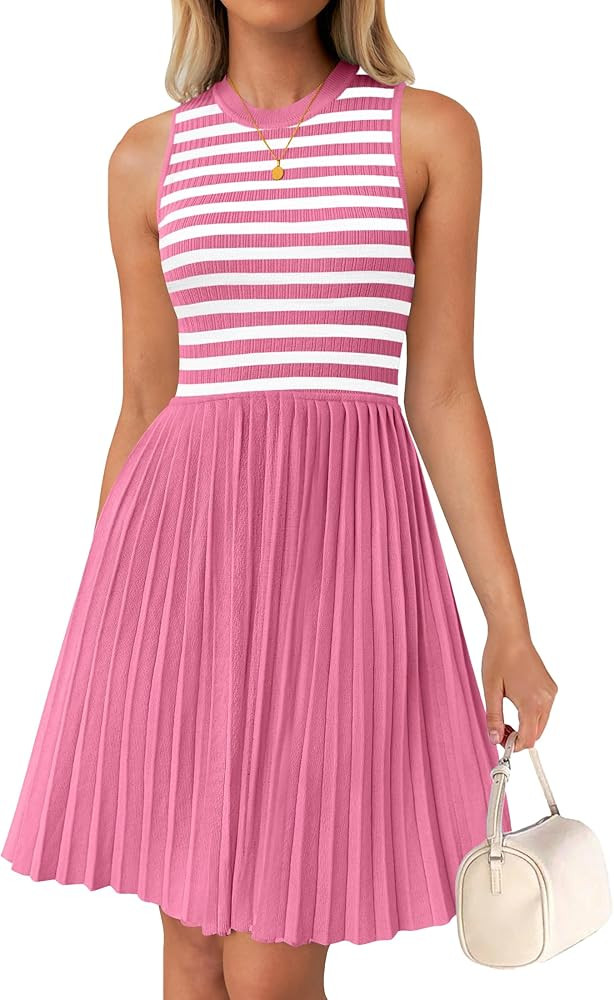NENONA Women's Summer Sleeveless Stripe Mini Dress Casual Knit Pleated Swing A Line Short Dresses | Amazon (US)