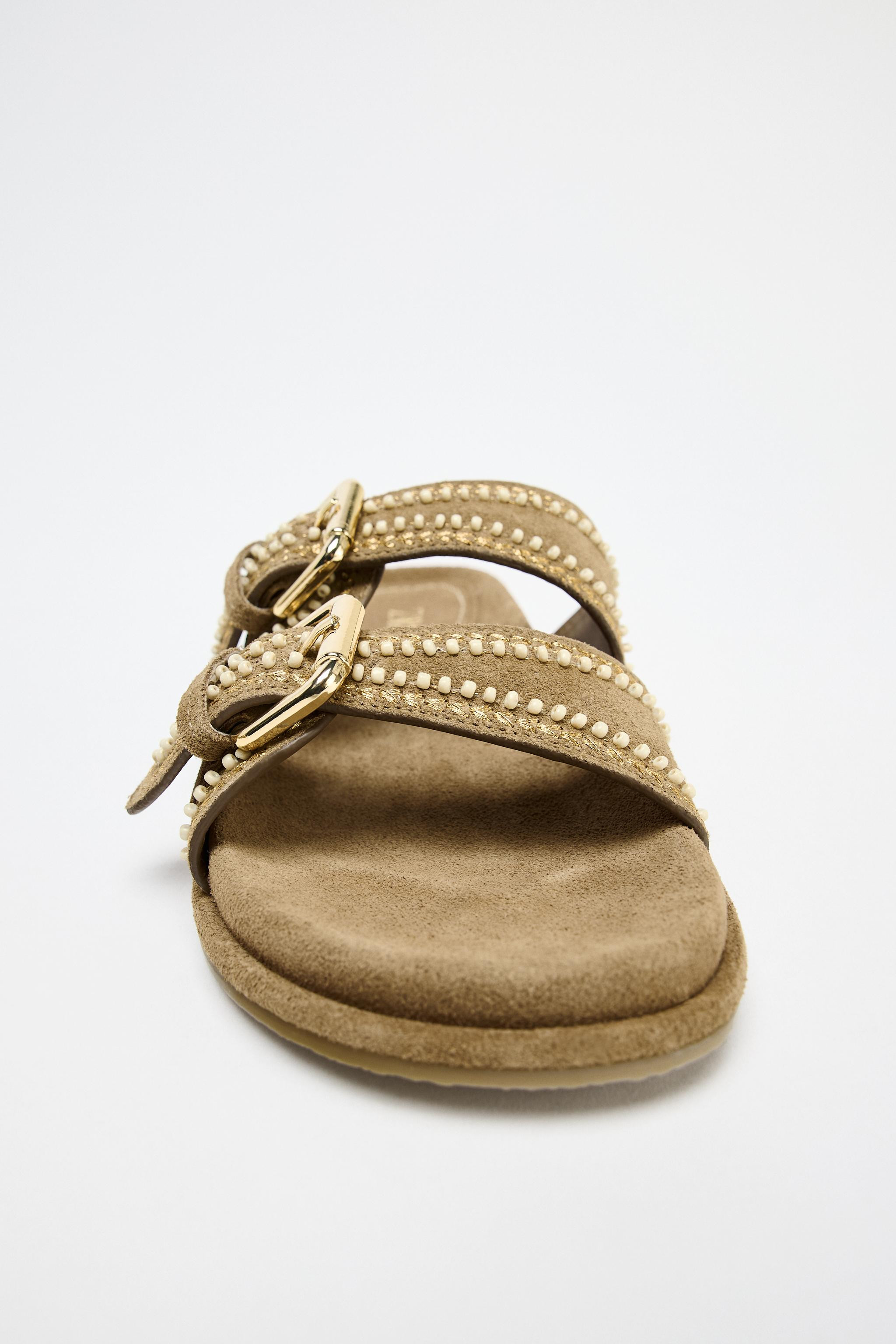 EMBROIDERED SUEDE SLIDE SANDALS | Zara US