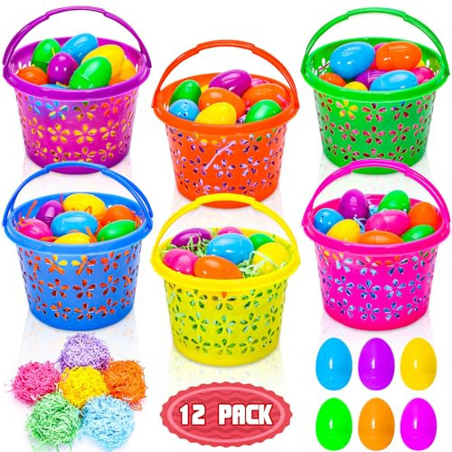 12 Pieces Easter Baskets with Handle for kids - Plastic Easter Egg Hunts Bucket with 36Pcs Empty Eggs and 60g 6 colors Grass for Pascua Party Favor Garden Basket Filler Stuffer Decorations | Amazon (US)