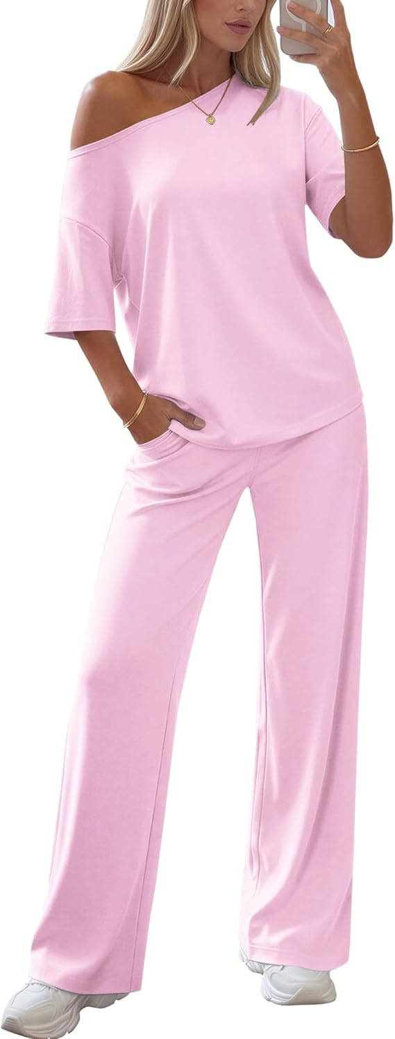 Ekouaer Lounge Sets for Women Off Shoulder(Right) Short Sleeve Tops and Long Pants 2 Piece Set Su... | Amazon (US)