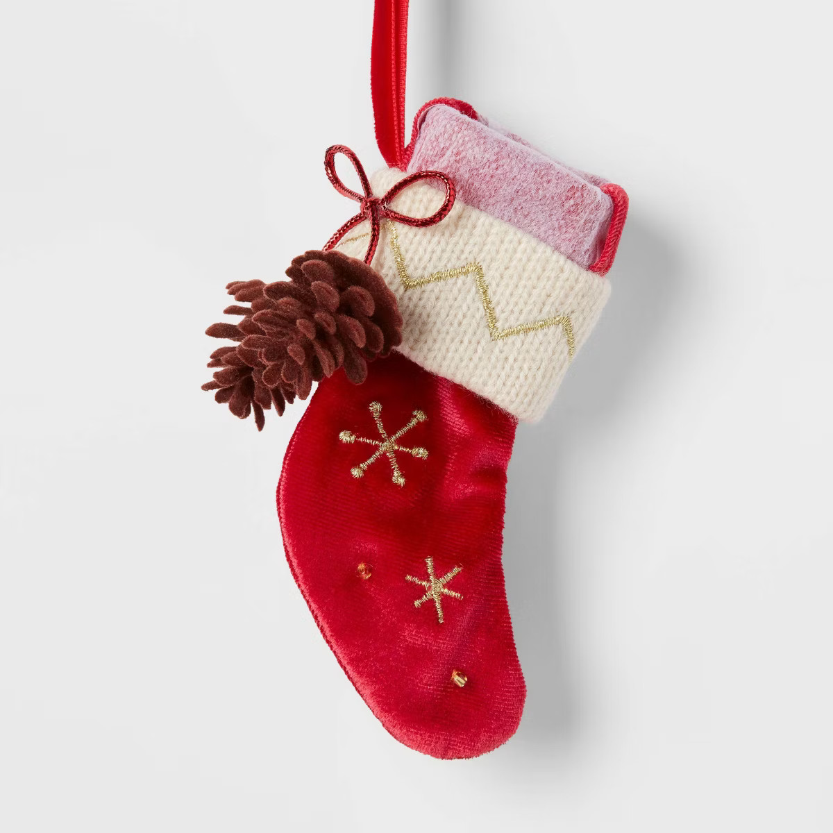 Fabric Stocking with Pinecones Christmas Tree Ornament Red - Wondershop™: Indoor Use, 5" Height | Target