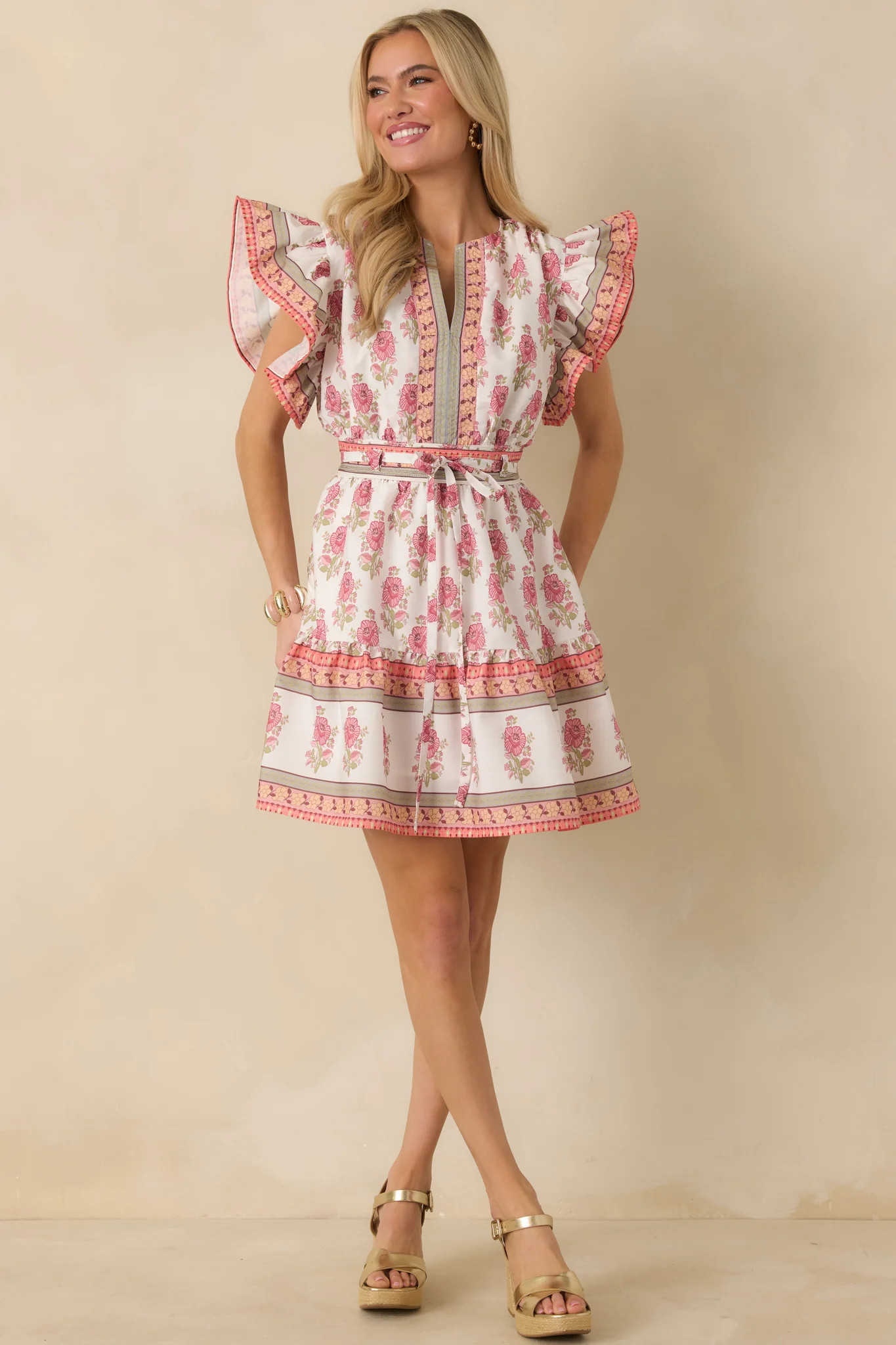 Whispers Of Spring White Floral Flutter Sleeve Mini Dress | Red Dress