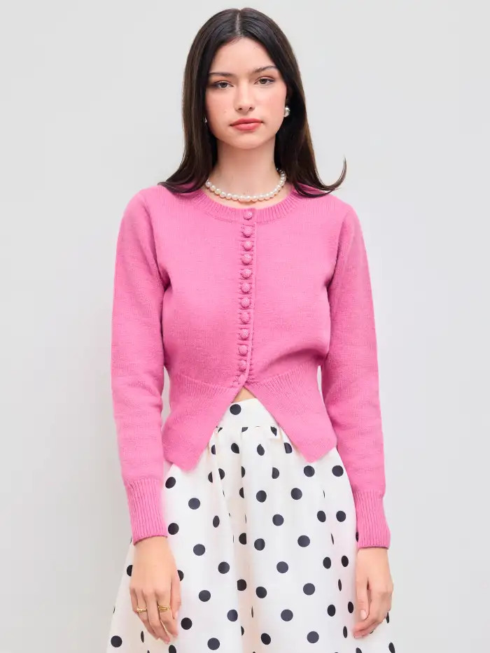 Knit Round Neckline Solid Button Split Long Sleeve Cardigan... | Cider