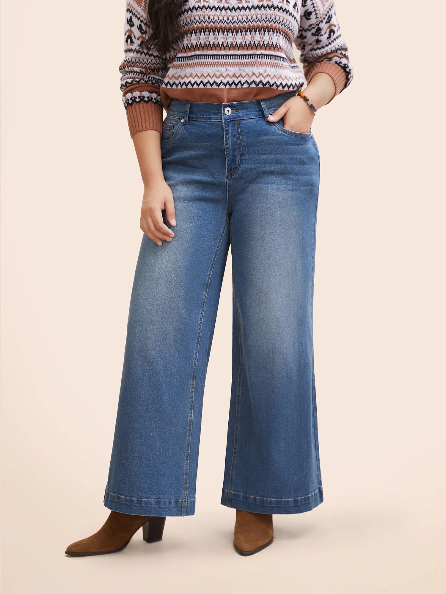 Stretch Denim Wide Leg Cut Jeans | Bloomchic