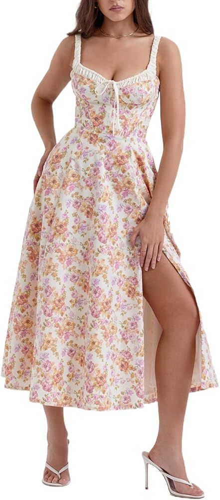 Retro Floral Print Cami Maxi Dresses for Women Sexy Spaghetti Strap Bodycon Long Dress Y2k Tiktok... | Amazon (US)