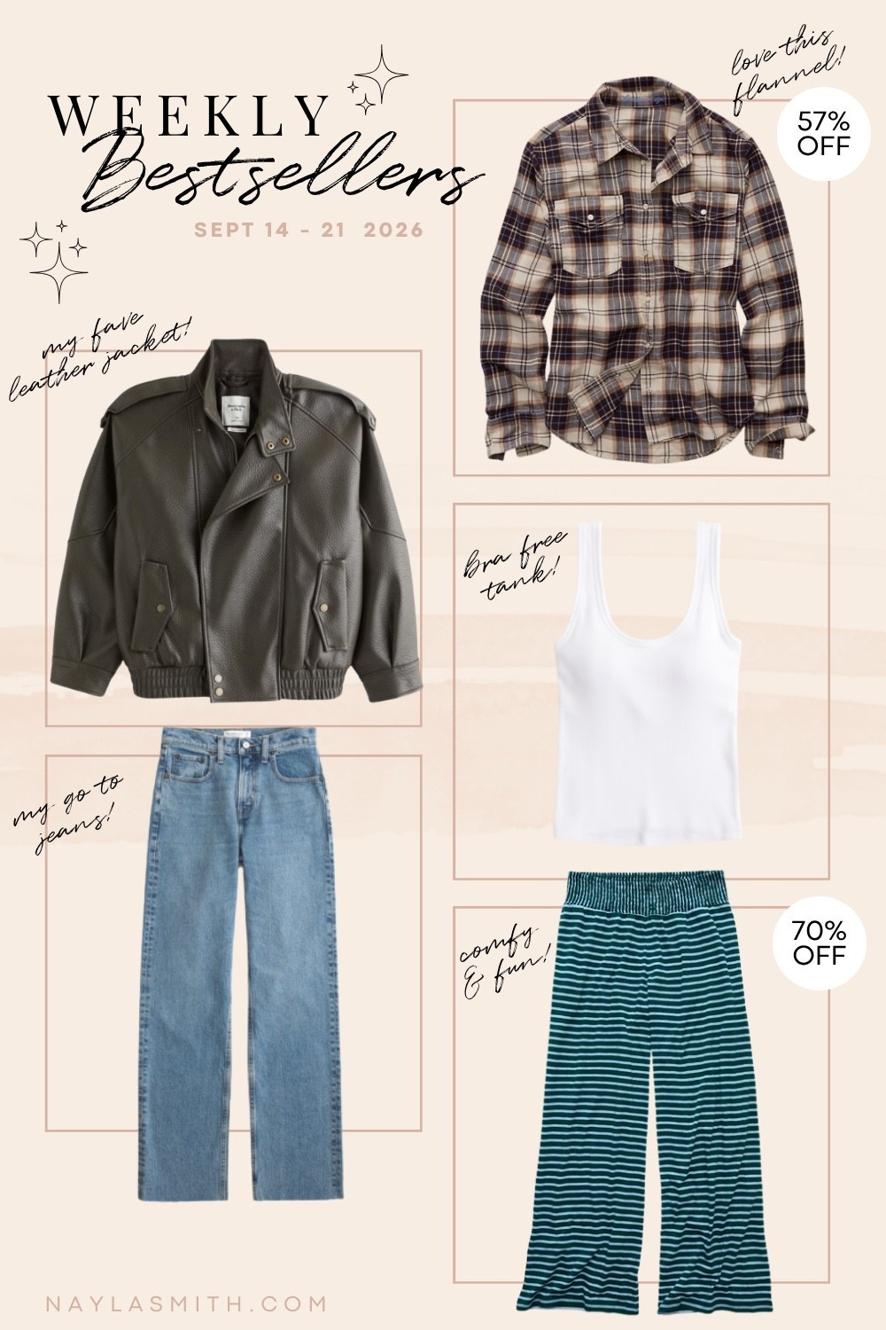 Weekly Bestsellers! My fave leather jacket (I wear L), my go to jeans (I wear 30), plaid flannel shirt (I sized up to XL for an oversized fit), bra free tank top (I wear M), comfy striped pants (I wear L)

#LTKfall #LTKsale #LTKjeans