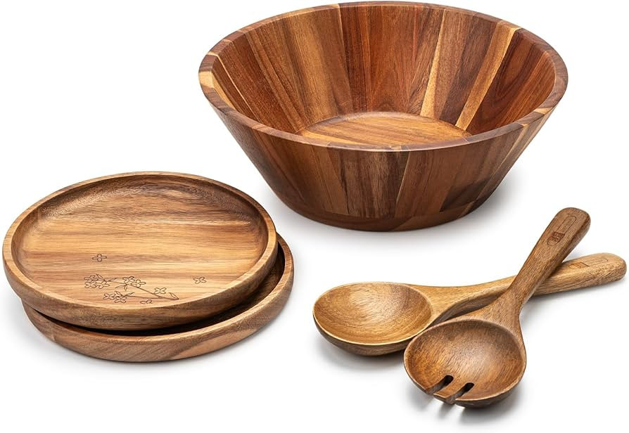 Wooden Salad Bowl, 12'' Large Acacia Wood Salad Bowl Set Big Salad Serving Bowl with Serving Uten... | Amazon (US)
