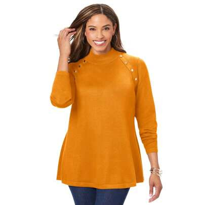 Jessica London Women's Plus Size Gold Button Mockneck Sweater | SHEIN