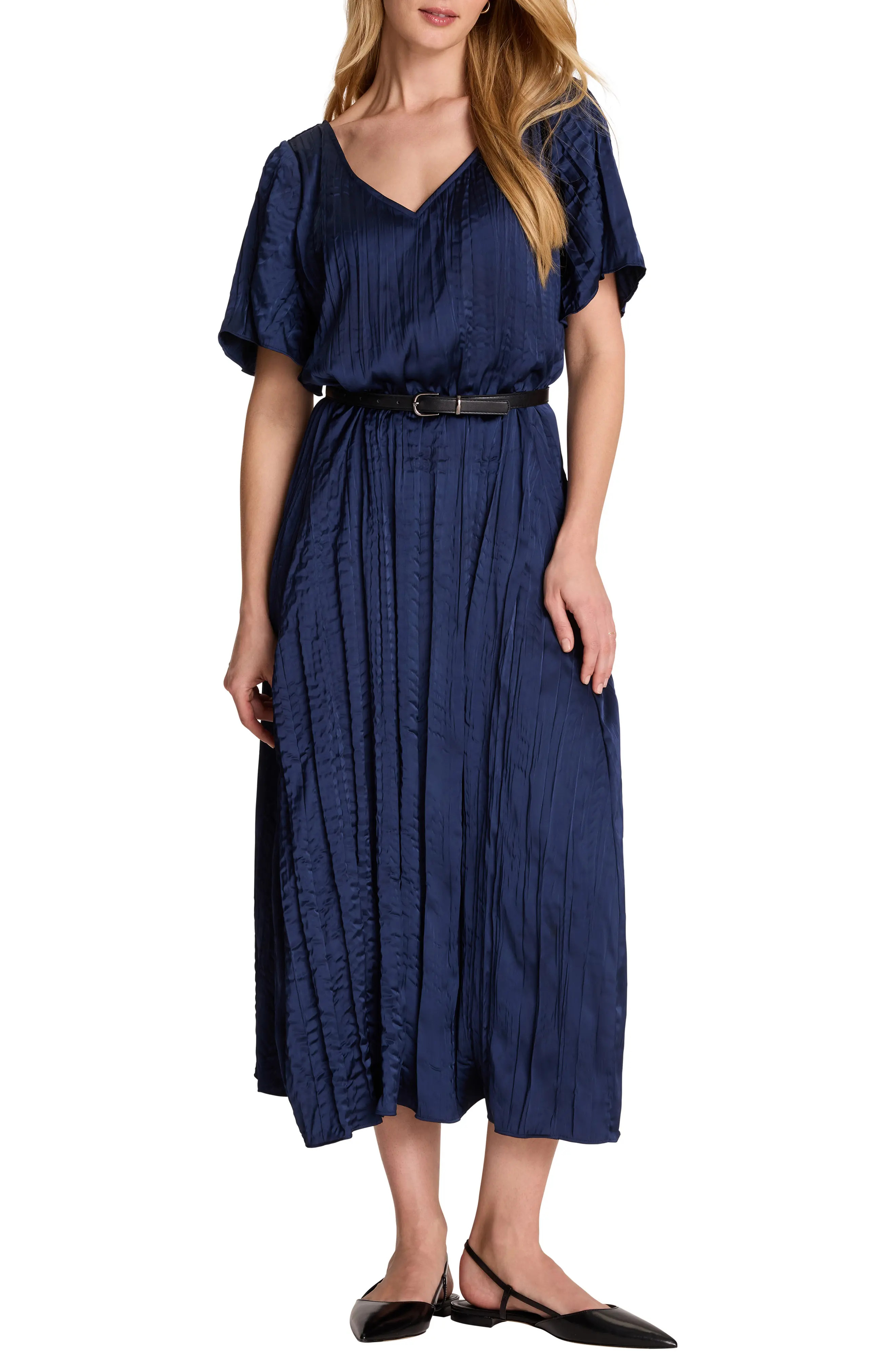 Bella Belted Crushed Satin Midi Dress (Women) | Nordstrom | Nordstrom